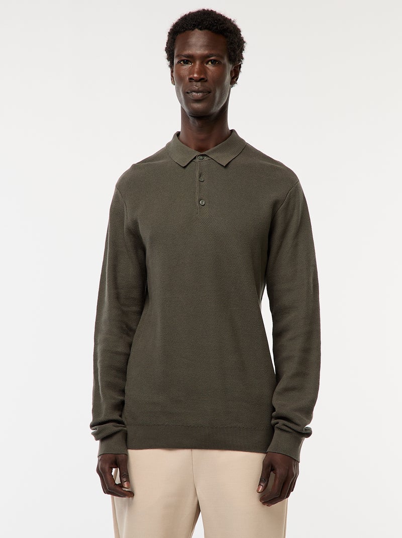Polo à manches longues en maille fantaisie Kaki - Kiabi