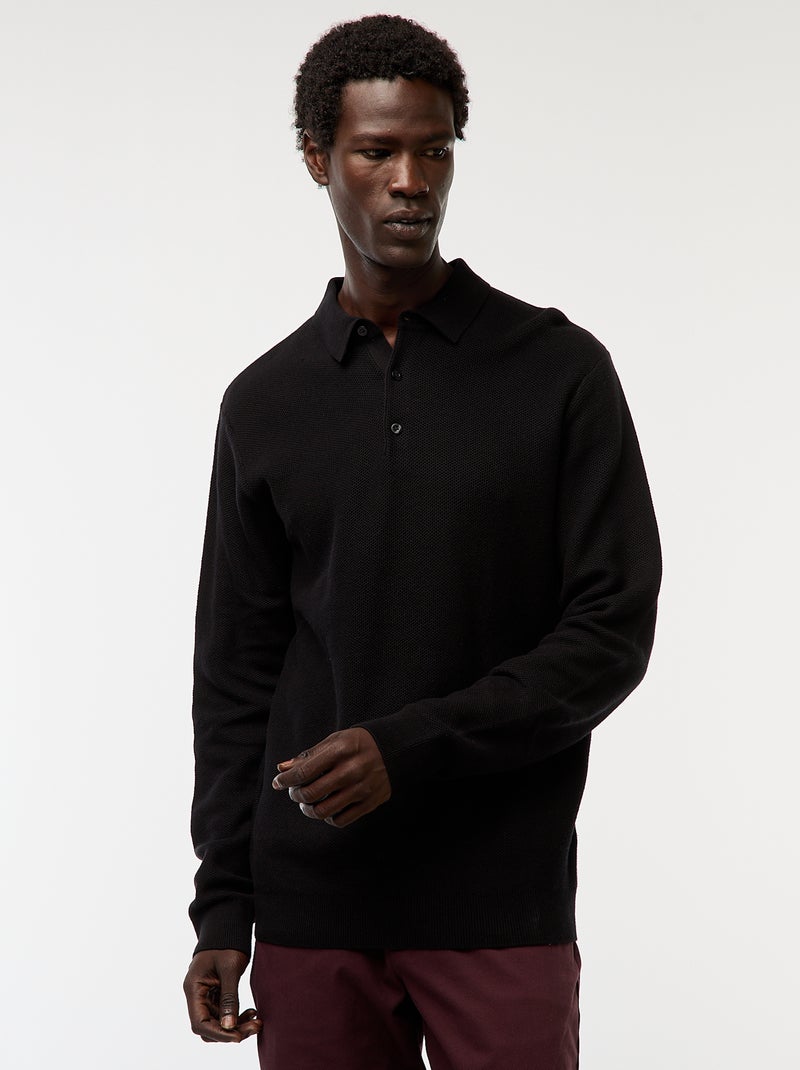 Polo à manches longues en maille fantaisie Noir - Kiabi
