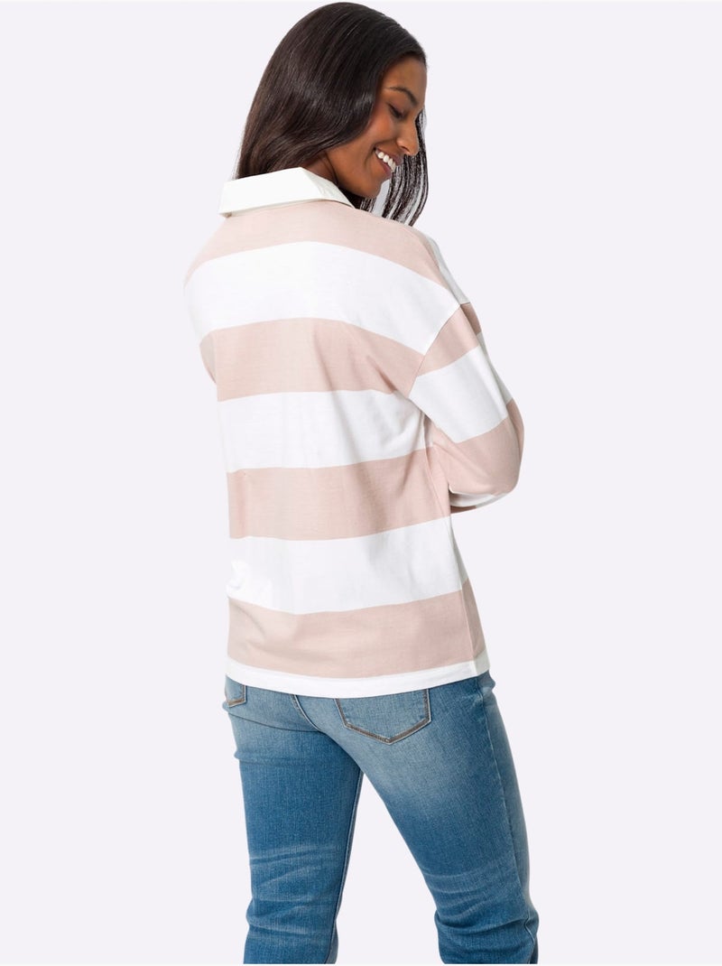 Polo à Manches Longues Motif à Rayures Mode - Taille Standard - Helline Blanc Rose - Kiabi