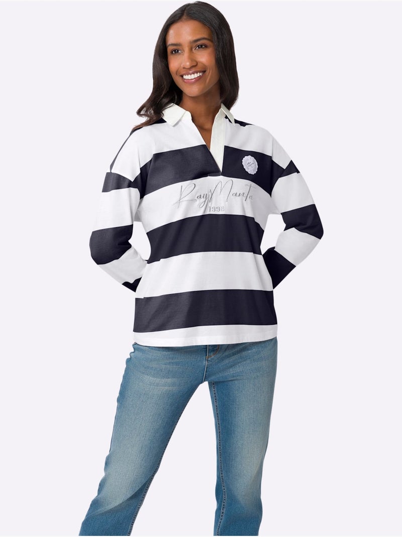 Polo à Manches Longues Motif à Rayures Mode - Taille Standard - Helline Ecru/Marine - Kiabi