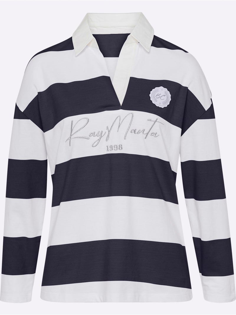 Polo à Manches Longues Motif à Rayures Mode - Taille Standard - Helline Ecru/Marine - Kiabi