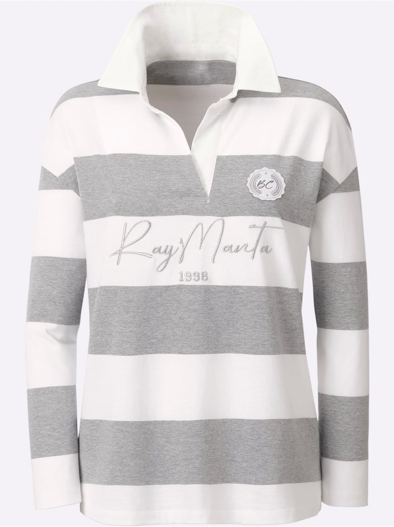 Polo à Manches Longues Motif à Rayures Mode - Taille Standard - Helline Gris Ecru Bleu - Kiabi