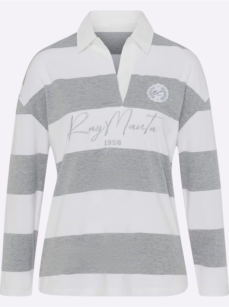 Polo à Manches Longues Motif à Rayures Mode - Taille Standard - Helline Gris Ecru Bleu - Kiabi