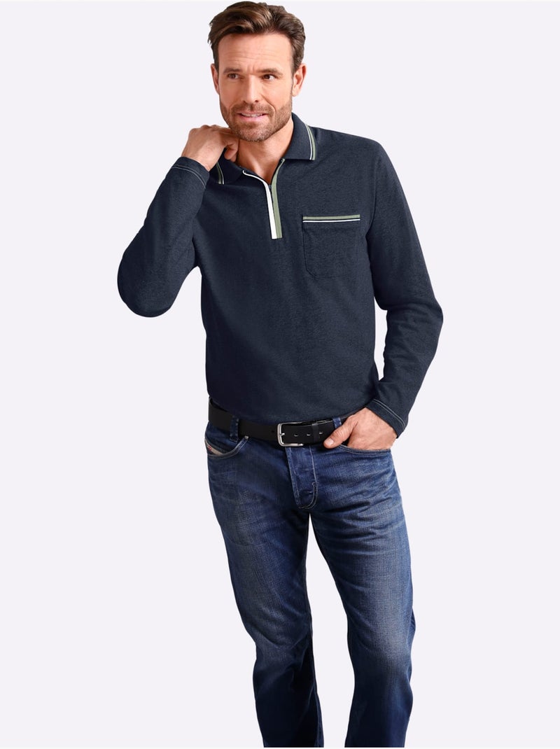 Polo à Manches Longues Passepoil Contrasté - Taille Standard - Moda Vilona Bleu marine - Kiabi