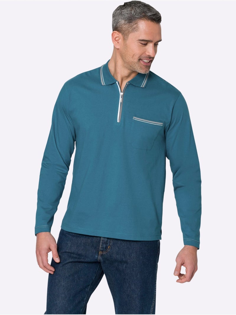 Polo à Manches Longues Passepoil Contrasté - Taille Standard - Moda Vilona Bleu - Kiabi