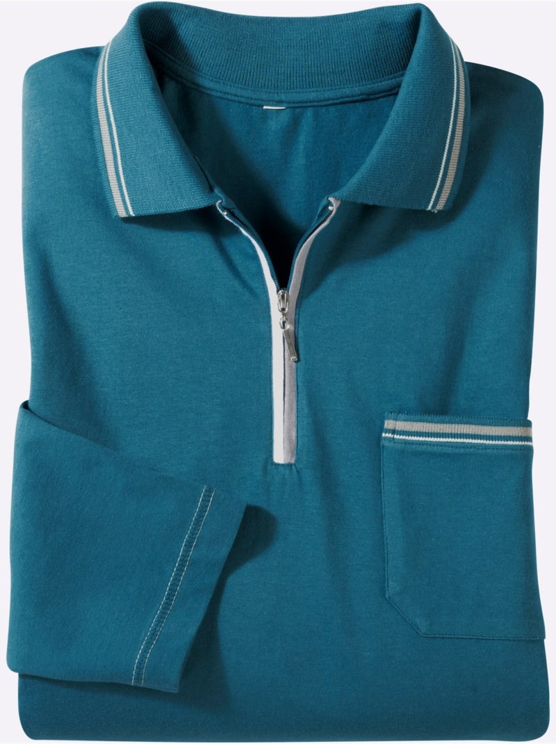 Polo à Manches Longues Passepoil Contrasté - Taille Standard - Moda Vilona Bleu - Kiabi