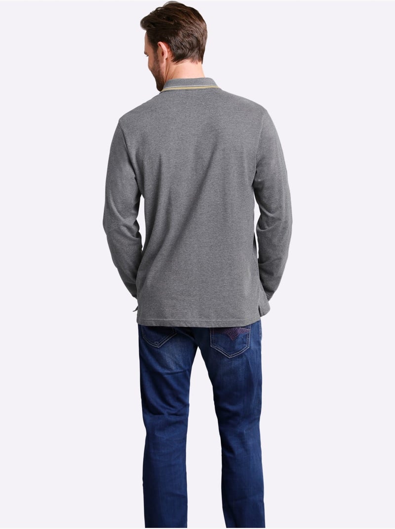 Polo à Manches Longues Passepoil Contrasté - Taille Standard - Moda Vilona Gris chiné - Kiabi