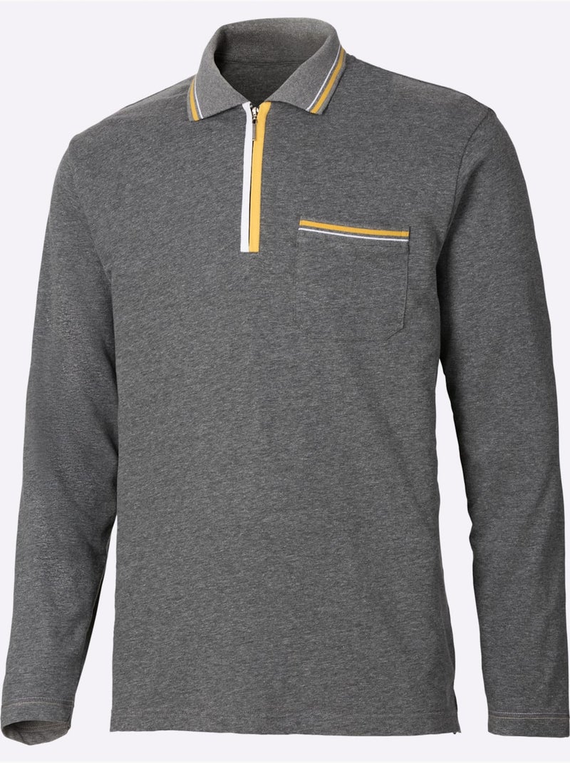 Polo à Manches Longues Passepoil Contrasté - Taille Standard - Moda Vilona Gris chiné - Kiabi