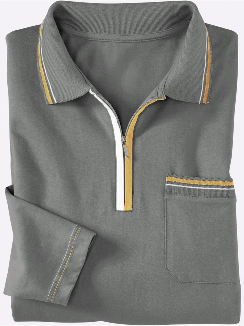 Polo à Manches Longues Passepoil Contrasté - Taille Standard - Moda Vilona Gris chiné - Kiabi
