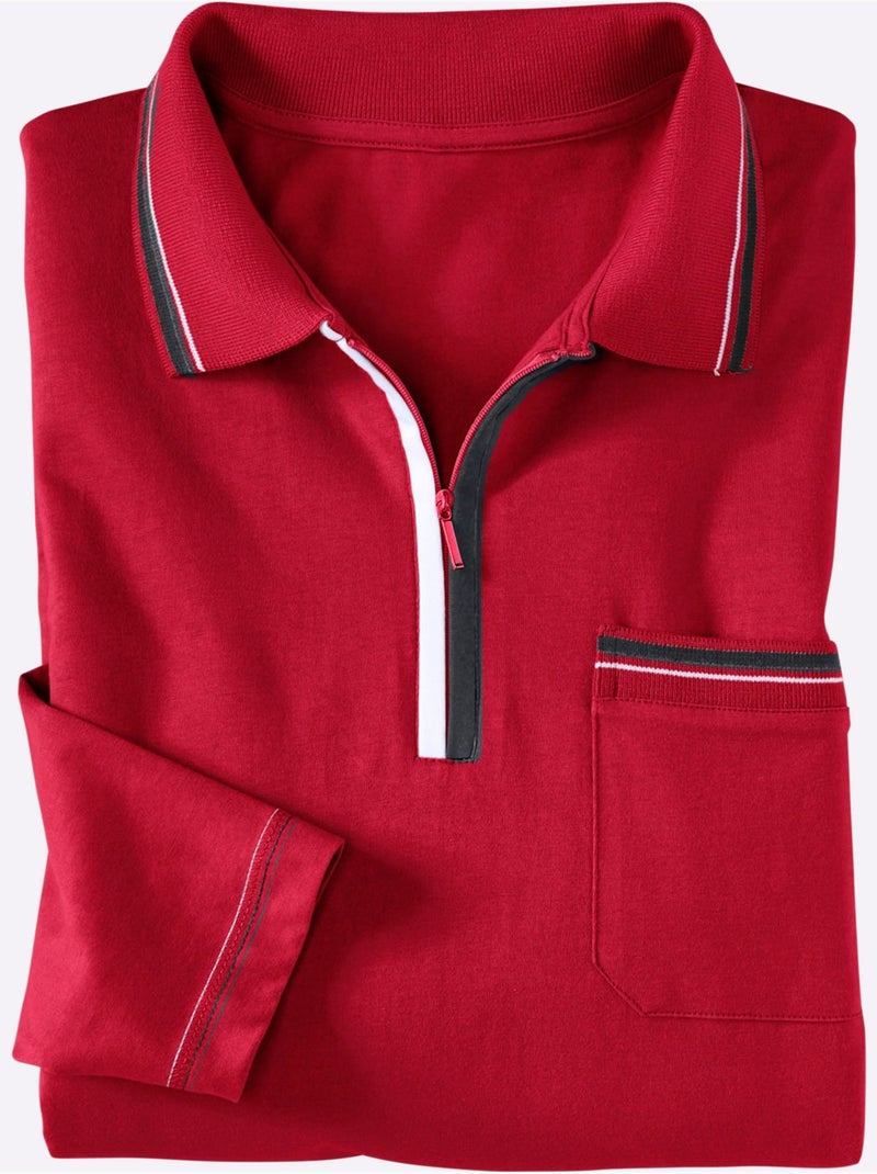 Polo à Manches Longues Passepoil Contrasté - Taille Standard - Moda Vilona Rouge - Kiabi