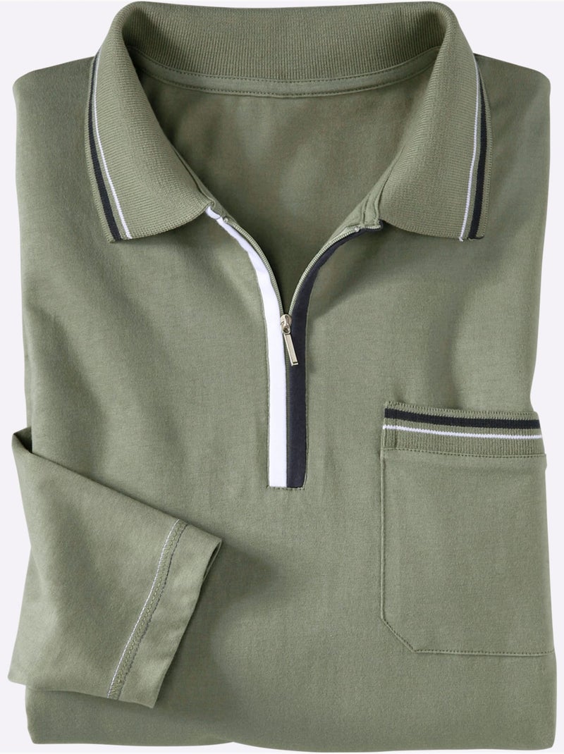 Polo à Manches Longues Passepoil Contrasté - Taille Standard - Moda Vilona Vert olive - Kiabi