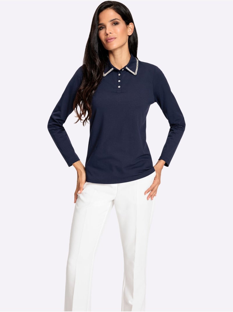 Polo à Manches Longues Pierres Fantaisie Sur Le Col - Taille Standard - Helline Bleu marine - Kiabi