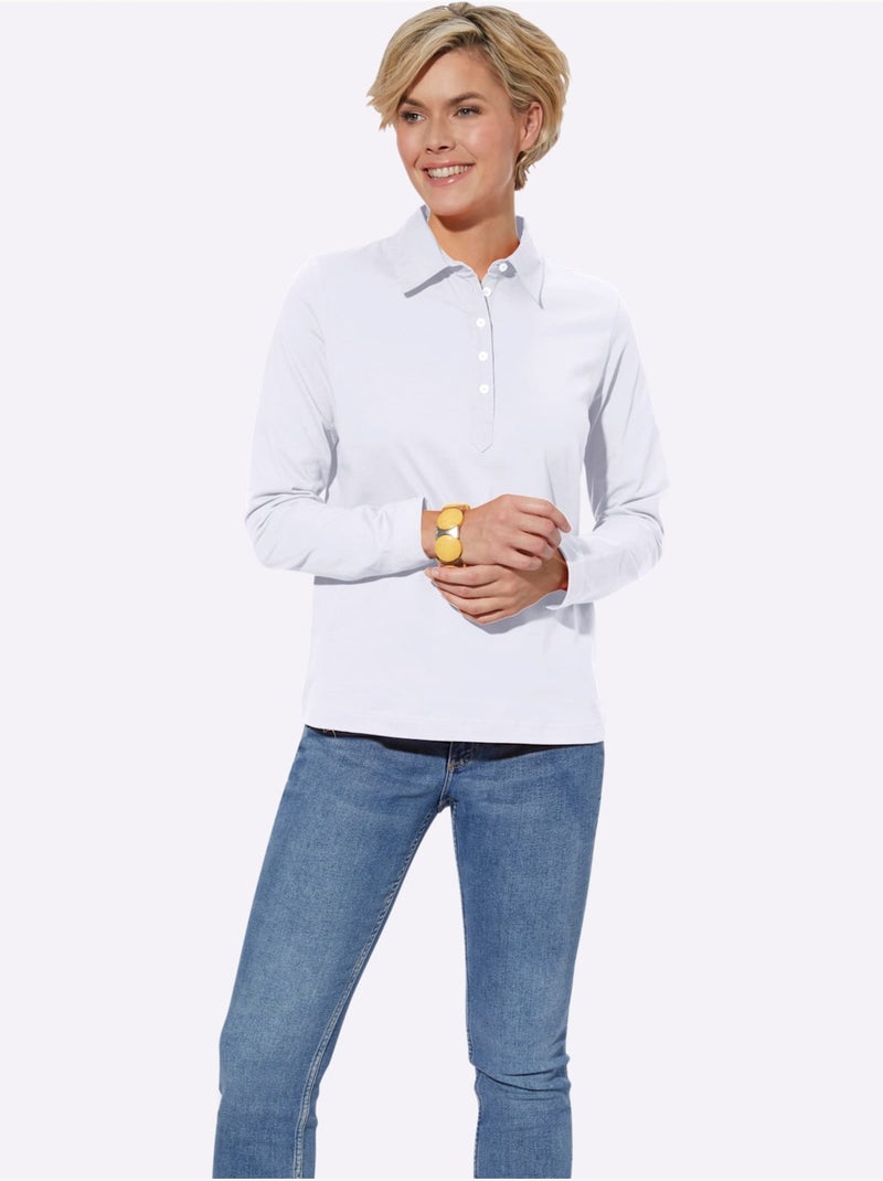 Polo à Manches Longues Pur Coton - Taille Standard - Witt Blanc - Kiabi