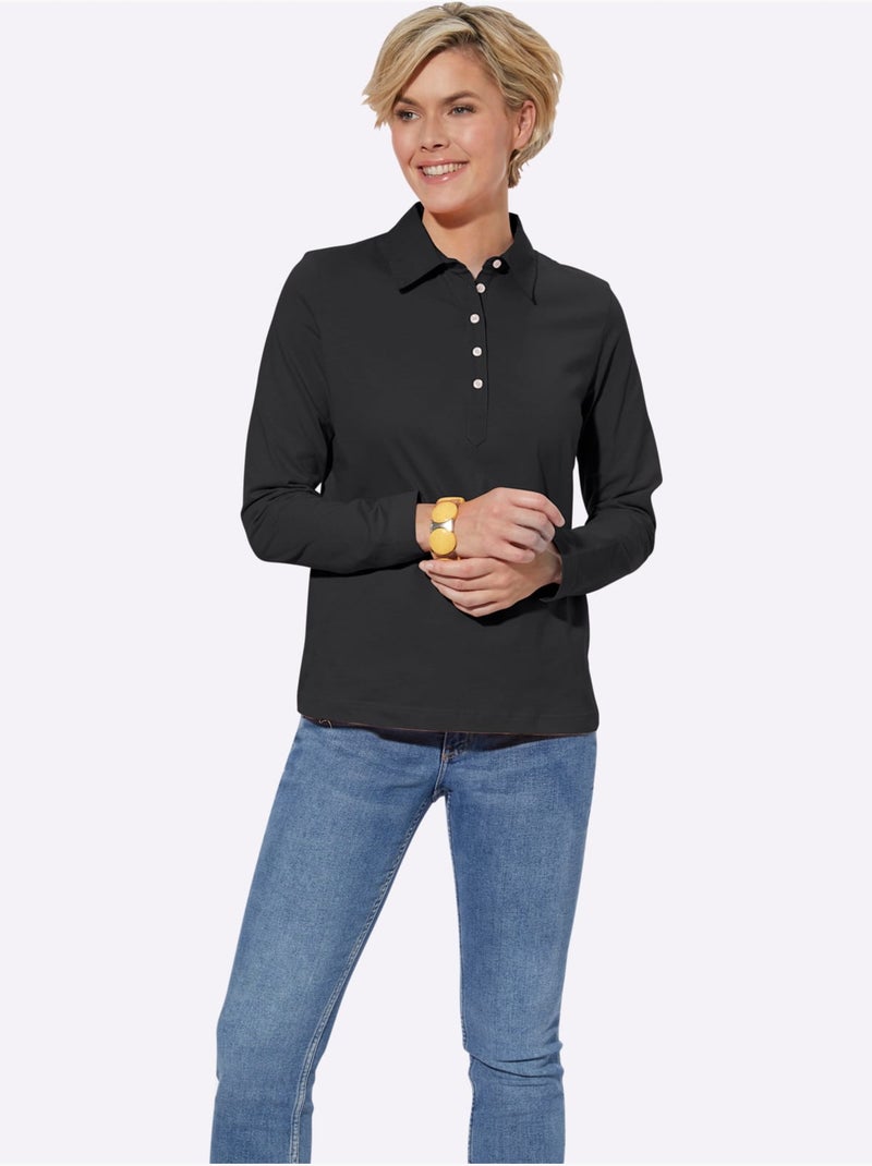 Polo à Manches Longues Pur Coton - Taille Standard - Witt Noir - Kiabi