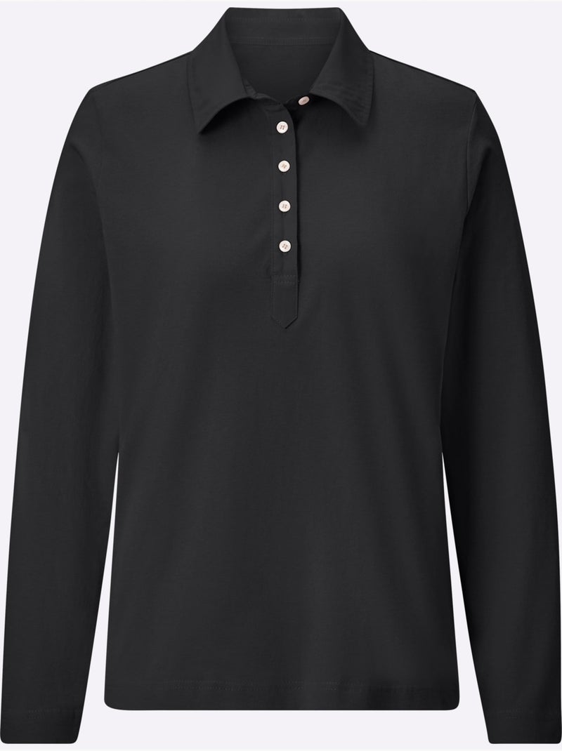 Polo à Manches Longues Pur Coton - Taille Standard - Witt Noir - Kiabi