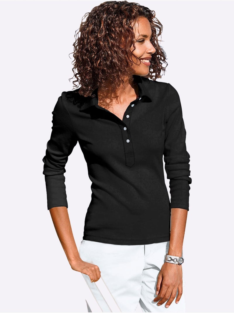 Polo à Manches Longues Pur Coton - Taille Standard - Witt Noir - Kiabi