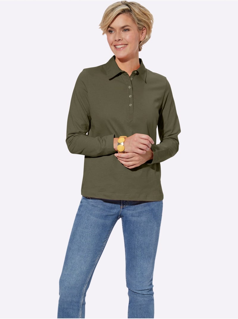 Polo à Manches Longues Pur Coton - Taille Standard - Witt Vert olive - Kiabi