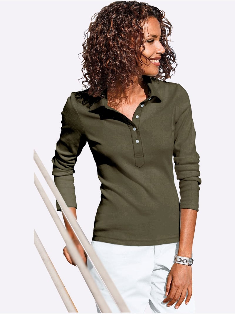 Polo à Manches Longues Pur Coton - Taille Standard - Witt Vert olive - Kiabi