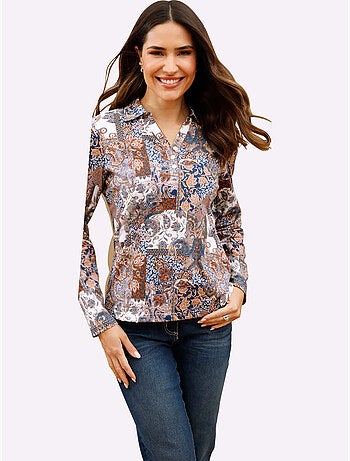 Polo à motif imprimé avec col ouvert et manches longues - taille standard - moda vilona