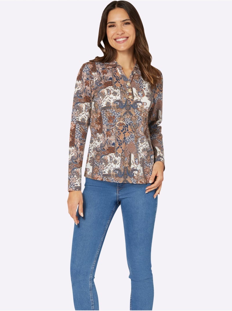 Polo à motif imprimé avec col ouvert et manches longues - taille standard - moda vilona Bleu foncé - Kiabi