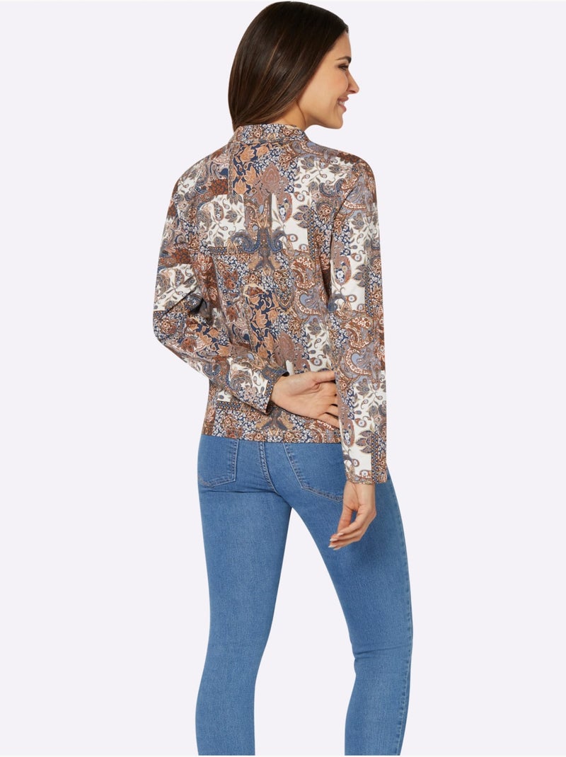 Polo à motif imprimé avec col ouvert et manches longues - taille standard - moda vilona Bleu foncé - Kiabi