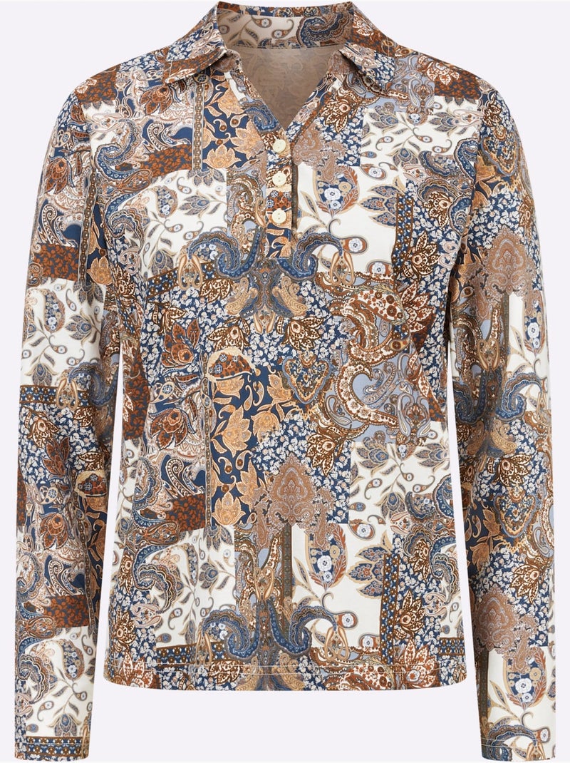 Polo à motif imprimé avec col ouvert et manches longues - taille standard - moda vilona Bleu foncé - Kiabi
