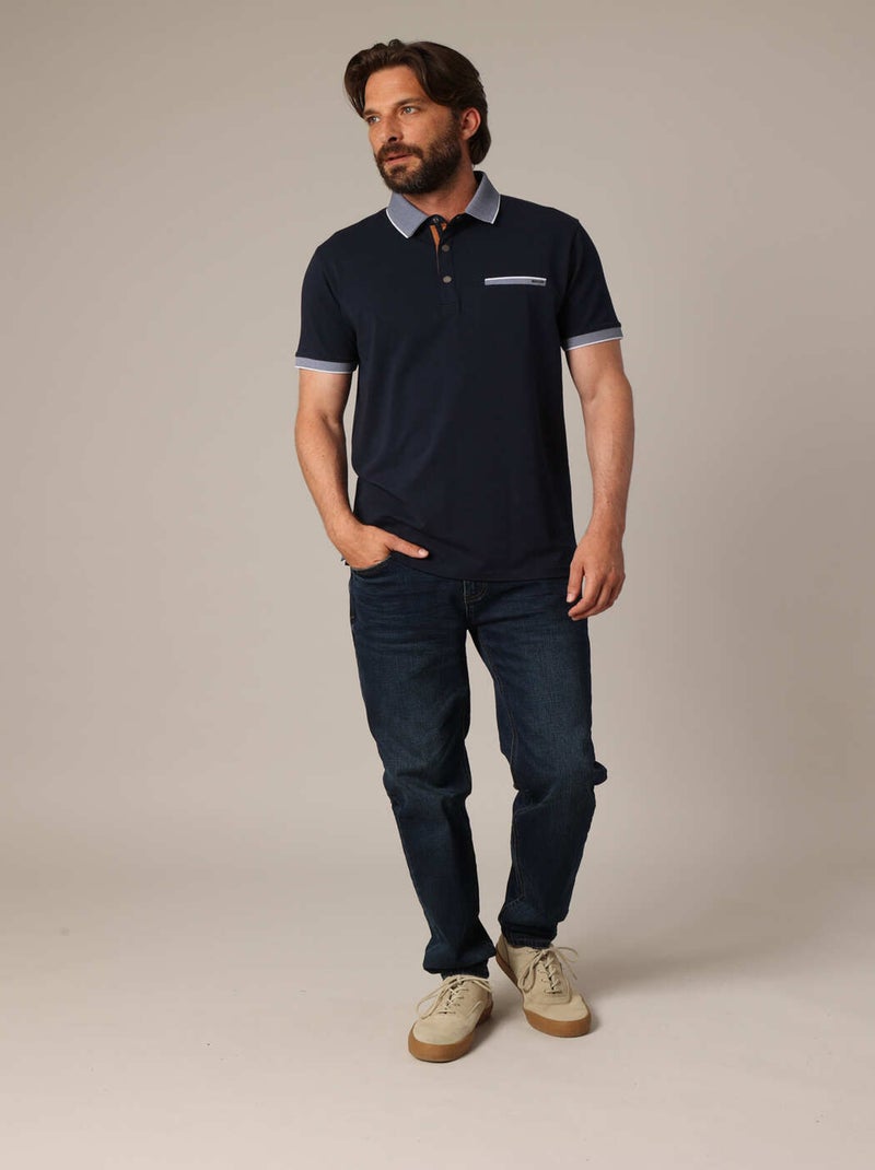 Polo avec col contrasté texturé et fausse poche poitrine 'Deeluxe' Bleu nuit - Kiabi