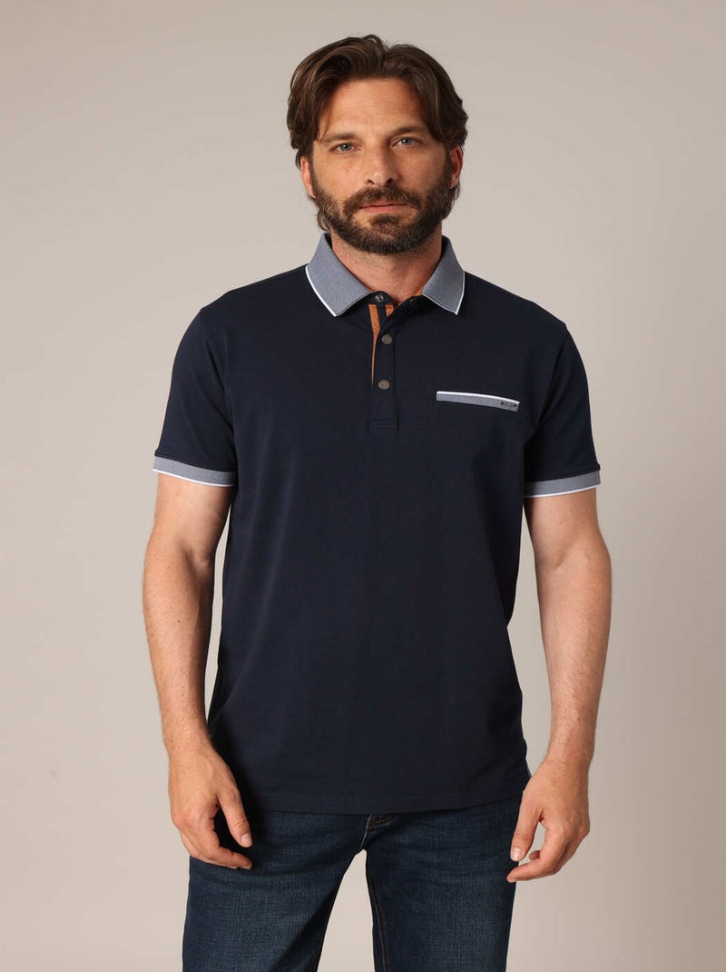 Polo avec col contrasté texturé & fausse poche poitrine
 'Deeluxe' Bleu nuit - Kiabi