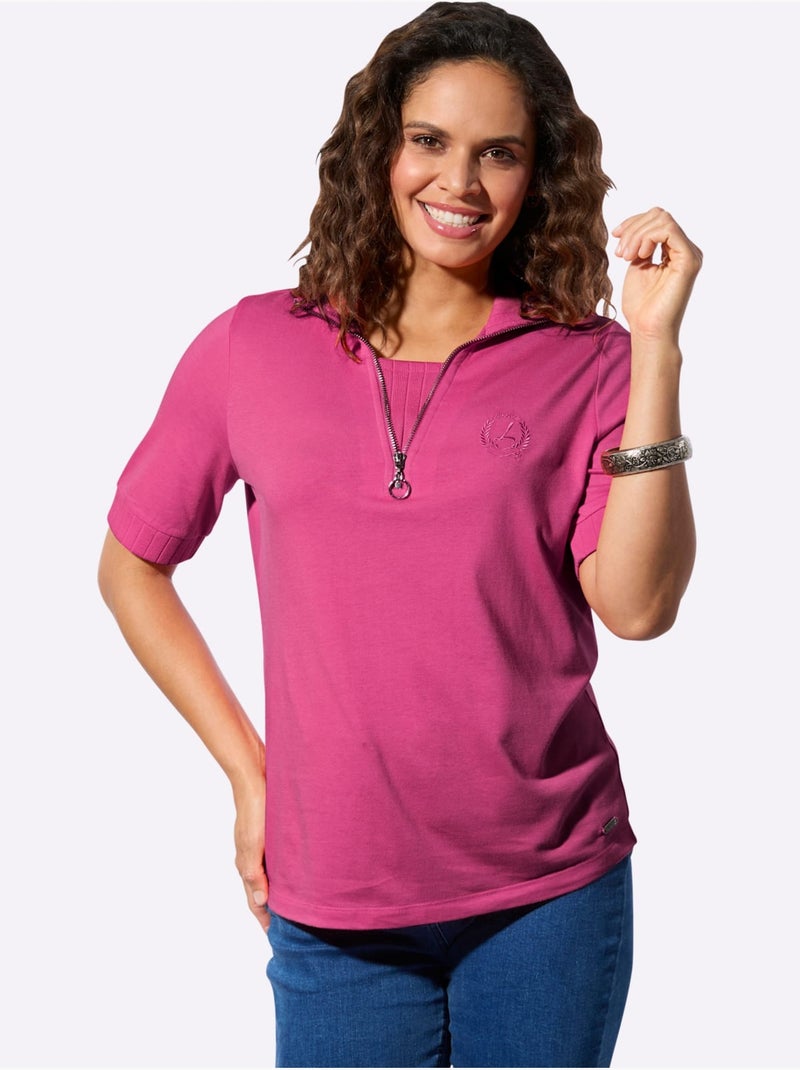 Polo avec col côtelé zippé et manches courtes en jersey fin - taille standard - witt Rose fushia - Kiabi