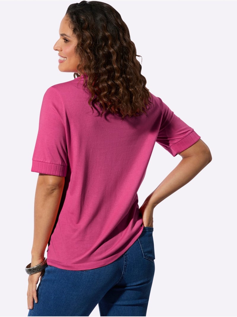 Polo avec col côtelé zippé et manches courtes en jersey fin - taille standard - witt Rose fushia - Kiabi