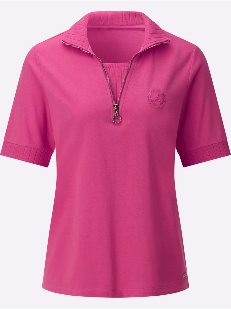 Polo avec col côtelé zippé et manches courtes en jersey fin - taille standard - witt Rose fushia - Kiabi