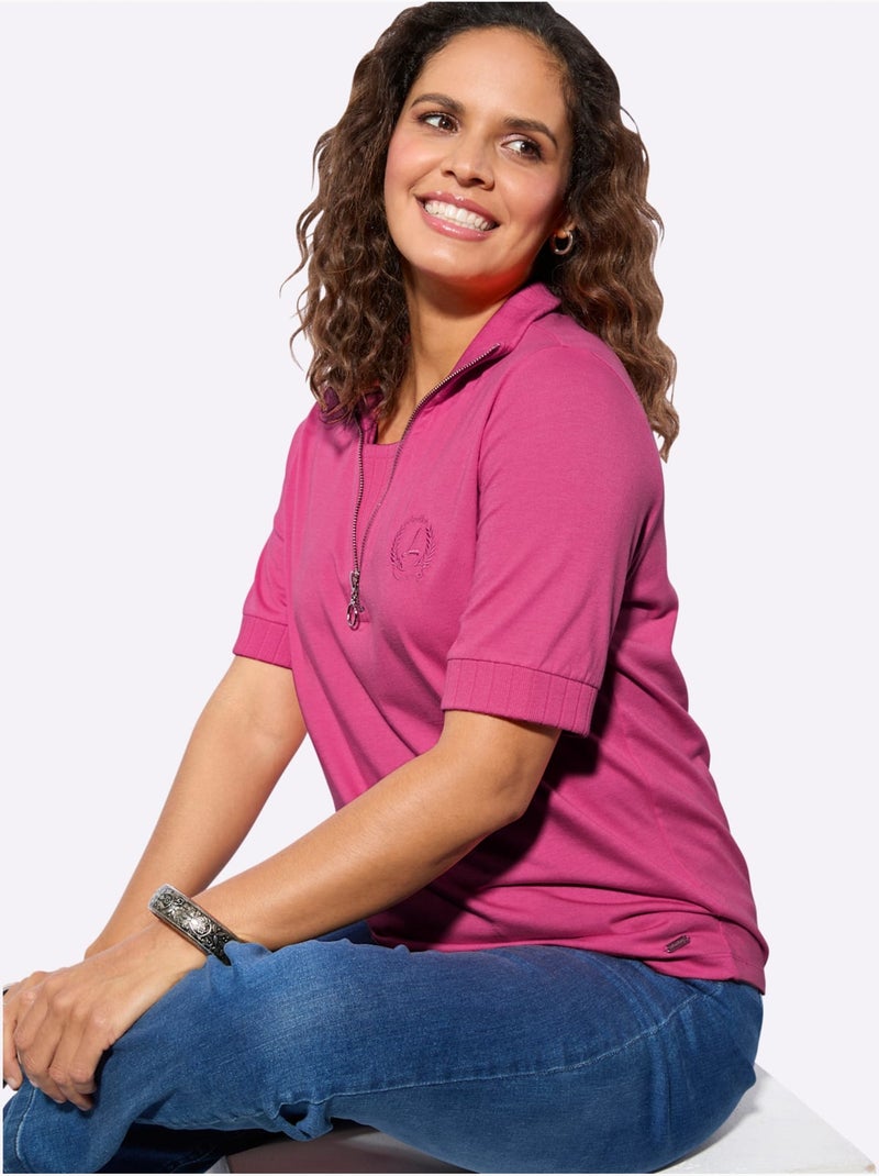 Polo avec col côtelé zippé et manches courtes en jersey fin - taille standard - witt Rose fushia - Kiabi