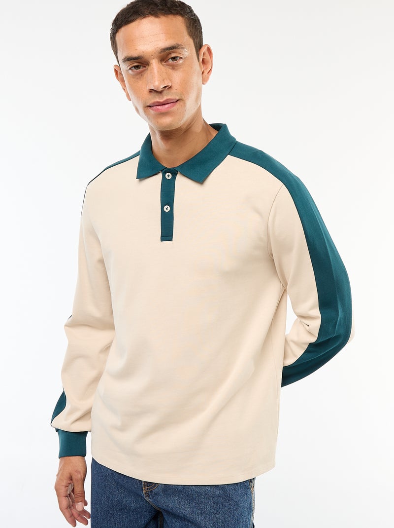Polo bicolore à manches longues Beige - Kiabi