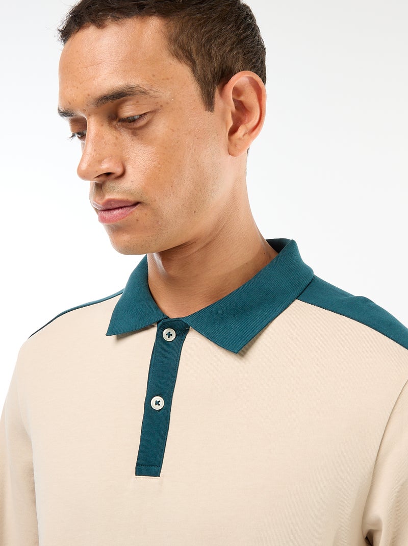 Polo bicolore à manches longues Beige - Kiabi