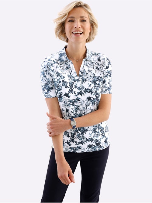 Polo col v à manches courtes avec motif floral en coton - taille standard - moda vilona - Kiabi