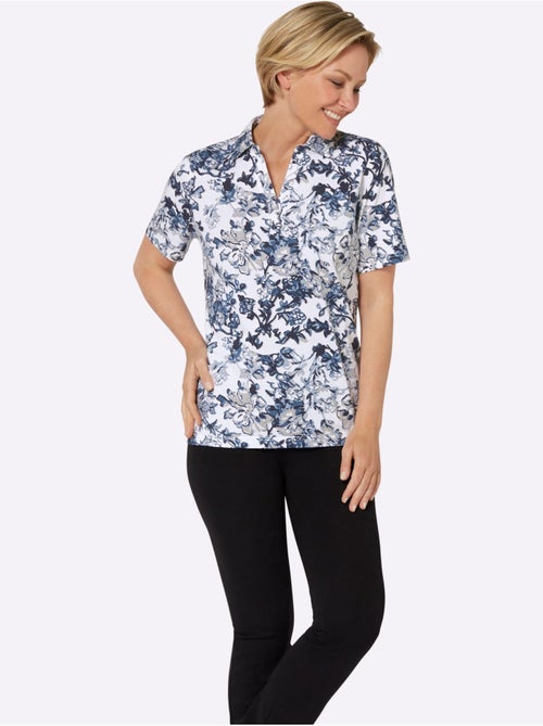 Polo col v à manches courtes avec motif floral en coton - taille standard - moda vilona - Kiabi