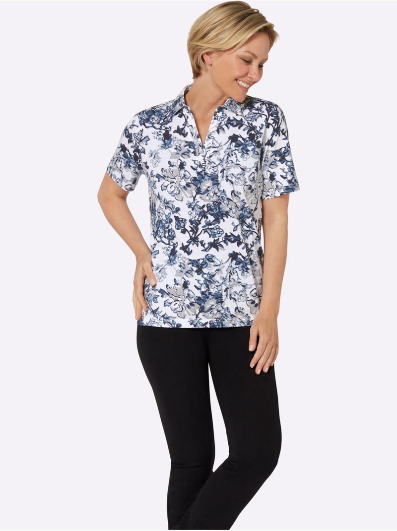 Polo col V à manches courtes avec motif floral en coton - Taille standard - Moda Vilona Blanc Bleu marine - Kiabi