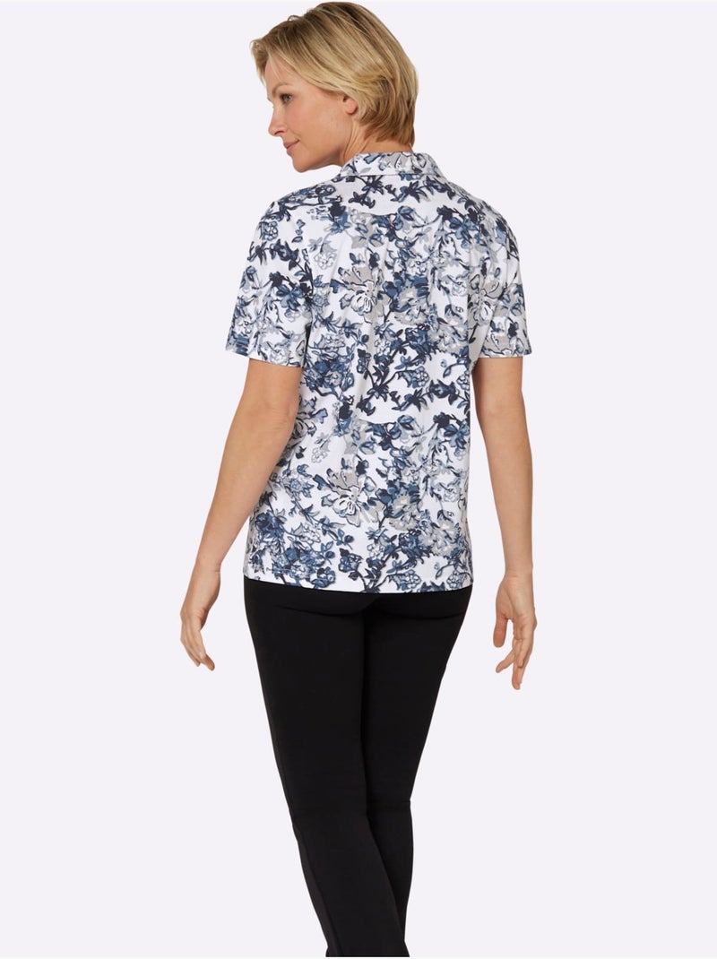 Polo col V à manches courtes avec motif floral en coton - Taille standard - Moda Vilona Blanc Bleu marine - Kiabi