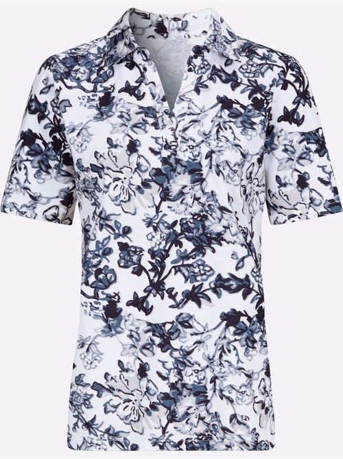 Polo col v à manches courtes avec motif floral en coton - taille standard - moda vilona - Kiabi