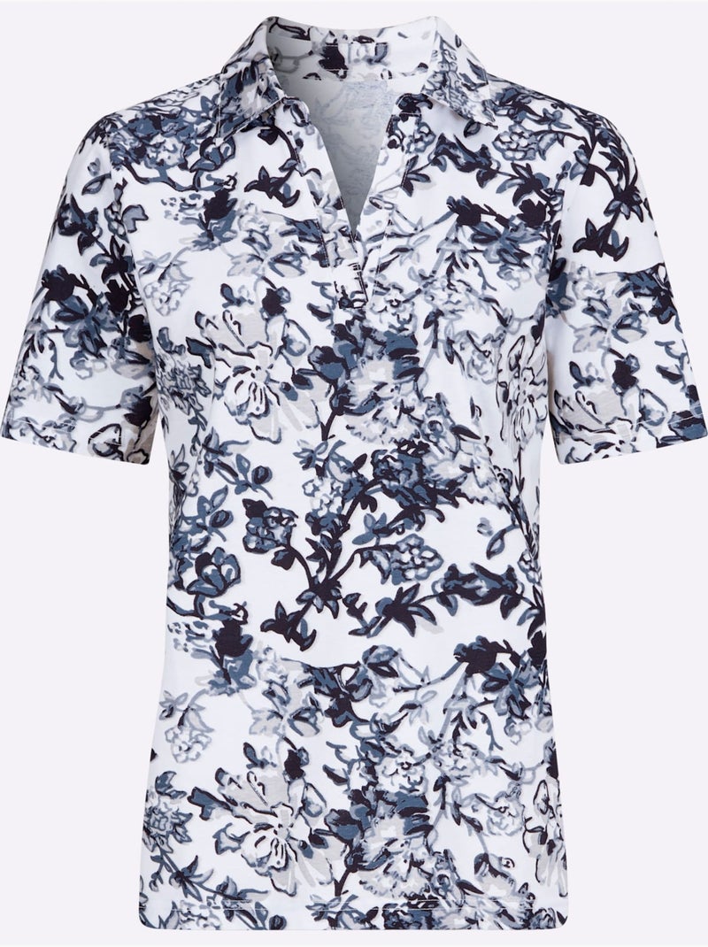 Polo col V à manches courtes avec motif floral en coton - Taille standard - Moda Vilona Blanc Bleu marine - Kiabi