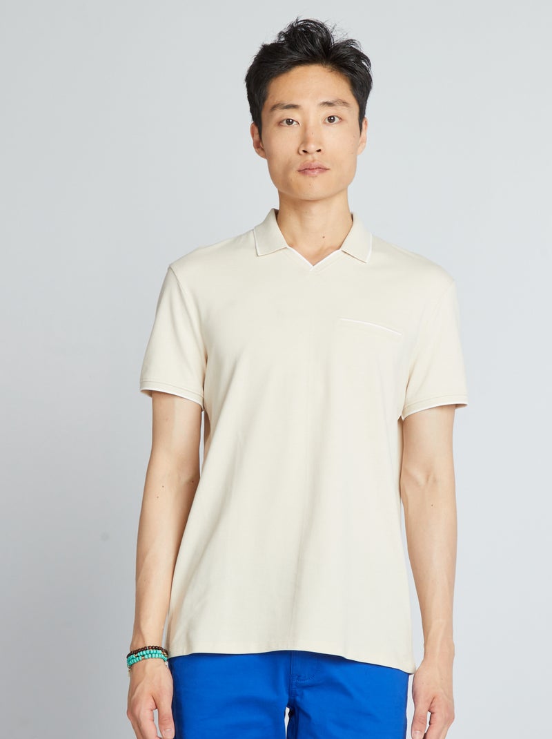 Polo col V en piqué de coton beige - Kiabi