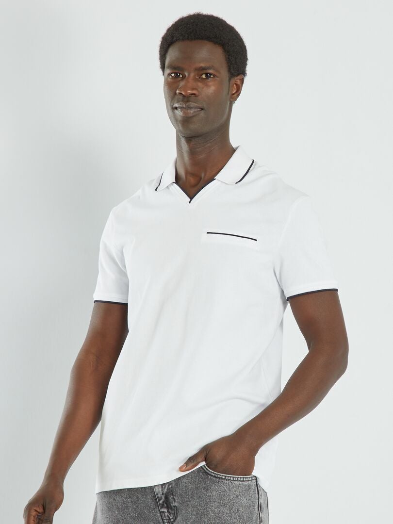 Polo col V en piqué de coton blanc - Kiabi