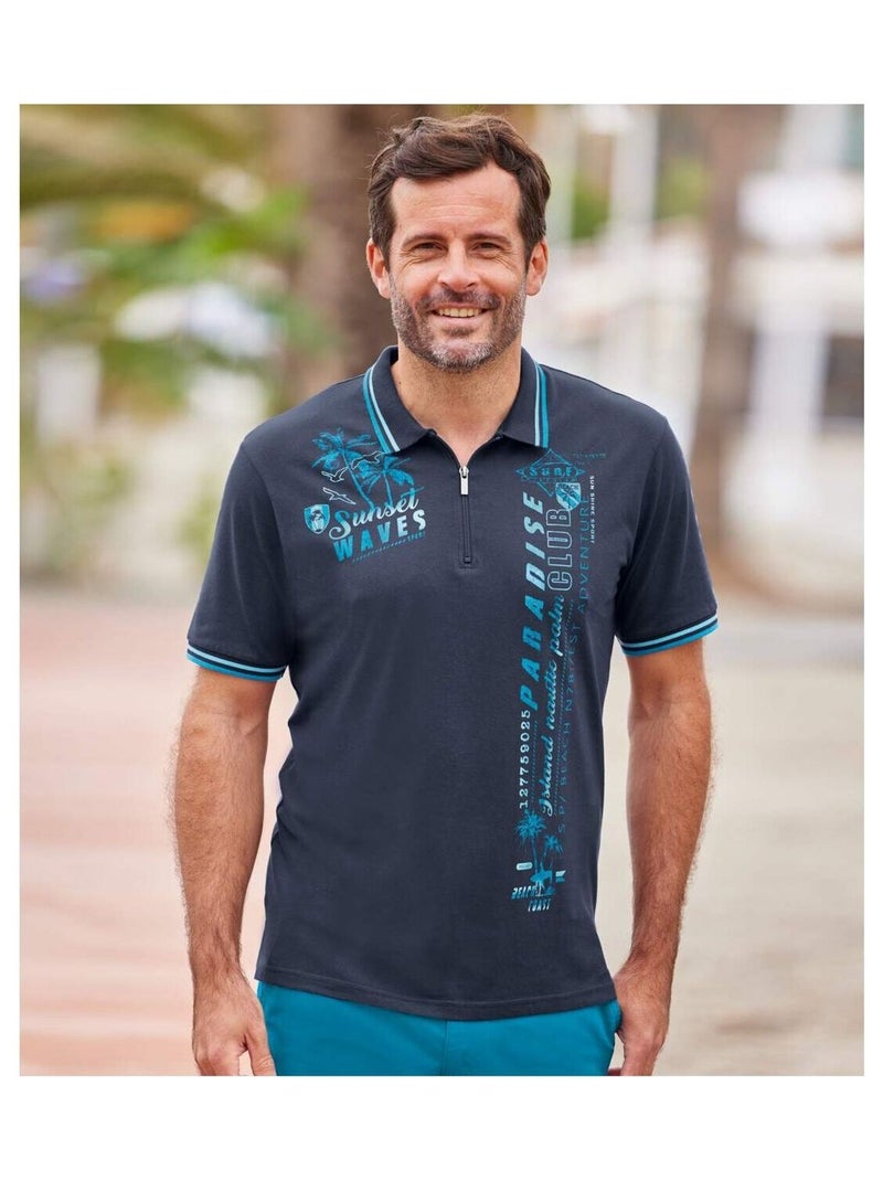 Polo Col Zippé Nautic Club   - ATLAS FOR MEN Bleu marine - Kiabi