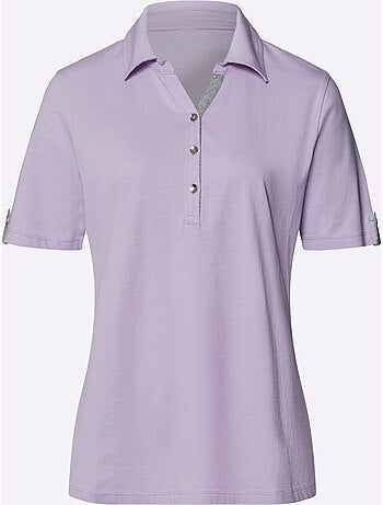 Polo à col V avec empiècement chiné et bride décorative - Taille standard - Moda Vilona