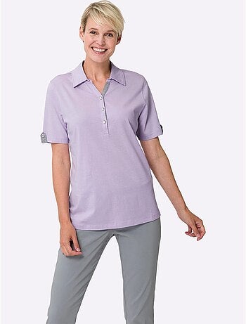 Polo à col V avec empiècement chiné et bride décorative - Taille standard - Moda Vilona