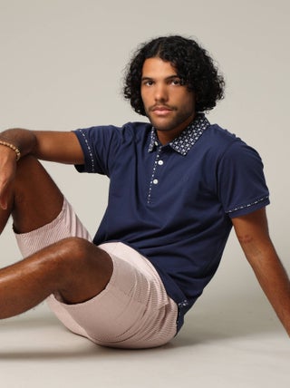 Polo en coton avec col boutonné et manches fantaisie 'Deeluxe'