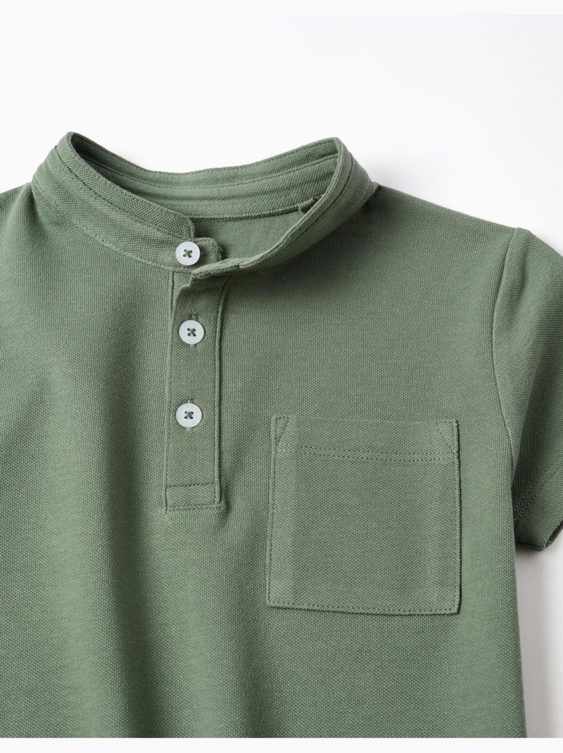 Polo en coton avec col mao et poche Vert foncé - Kiabi