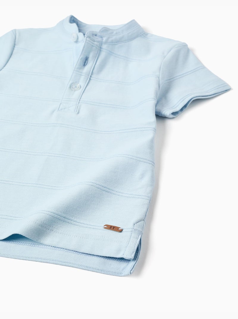 Polo en coton avec lignes en relief et col mao Bleu clair - Kiabi