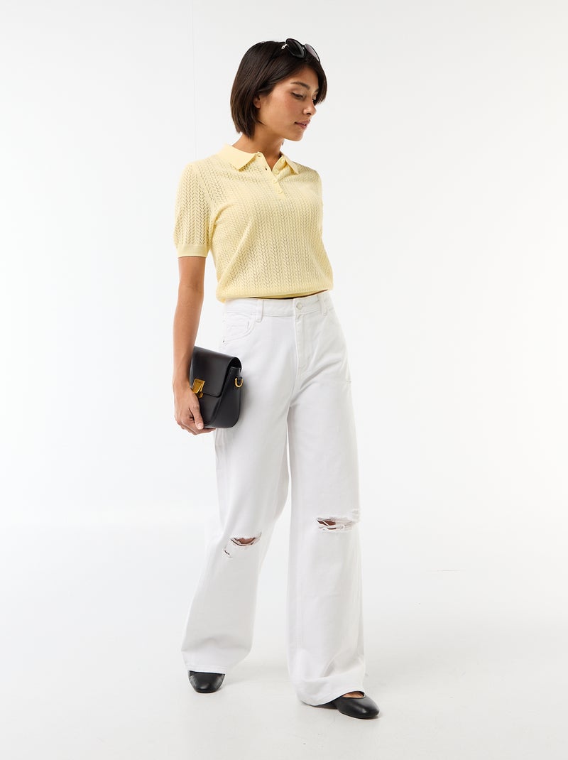 Polo en maille ajourée à manches courtes Jaune - Kiabi