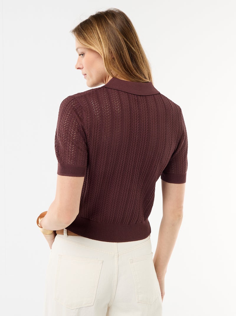 Polo en maille ajourée à manches courtes Marron - Kiabi